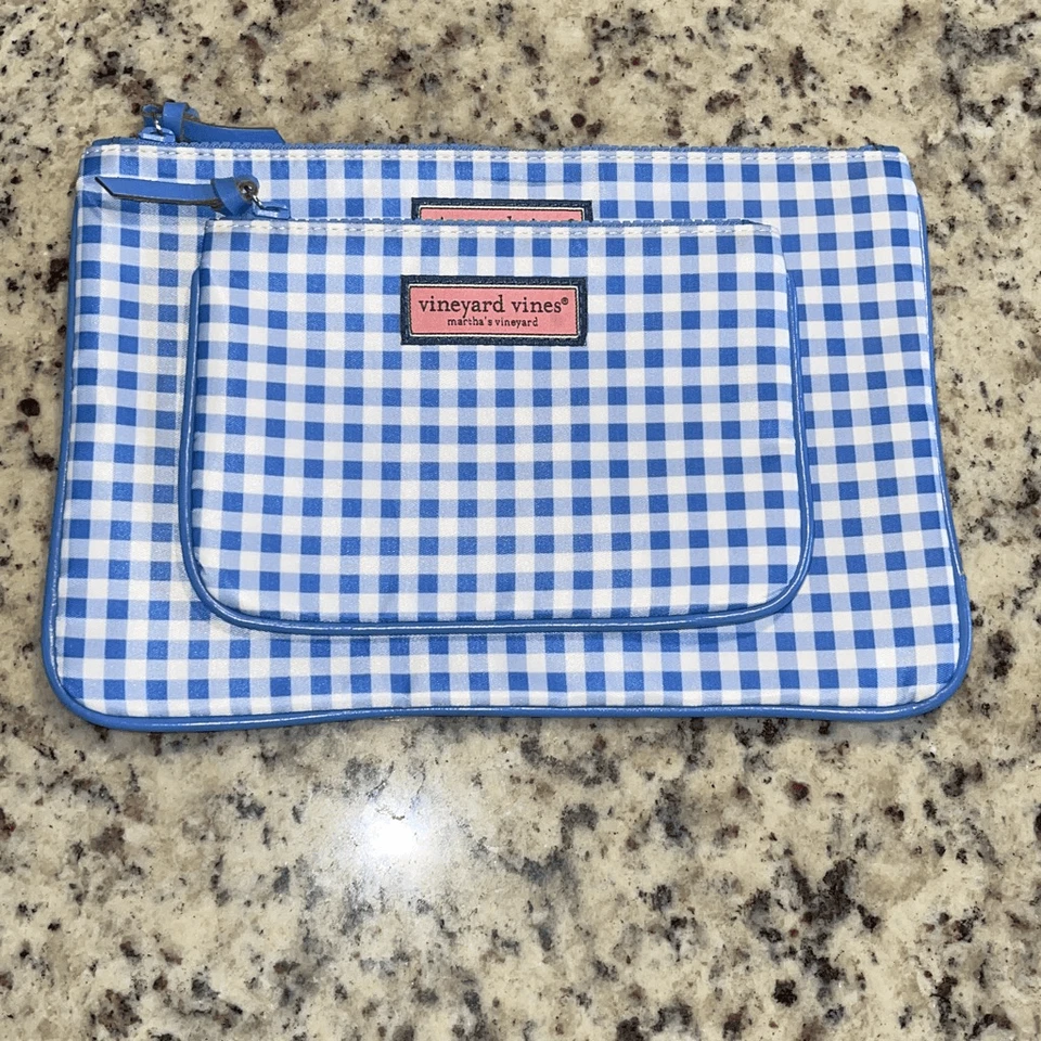 Vineyard Vines Juego de 2 bolsos cuadrados de guinga para mujer azul blanco Foto 2 de 4