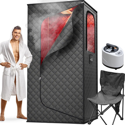 Portable Red Light Steam Sauna with Remote & Folding Chair - Black