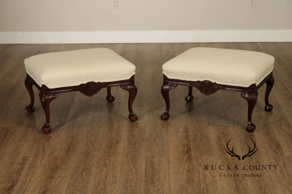 Thomasville Pair Of Chippendale Style Mahogany Upholstered Ottomans - Image 2 of 4