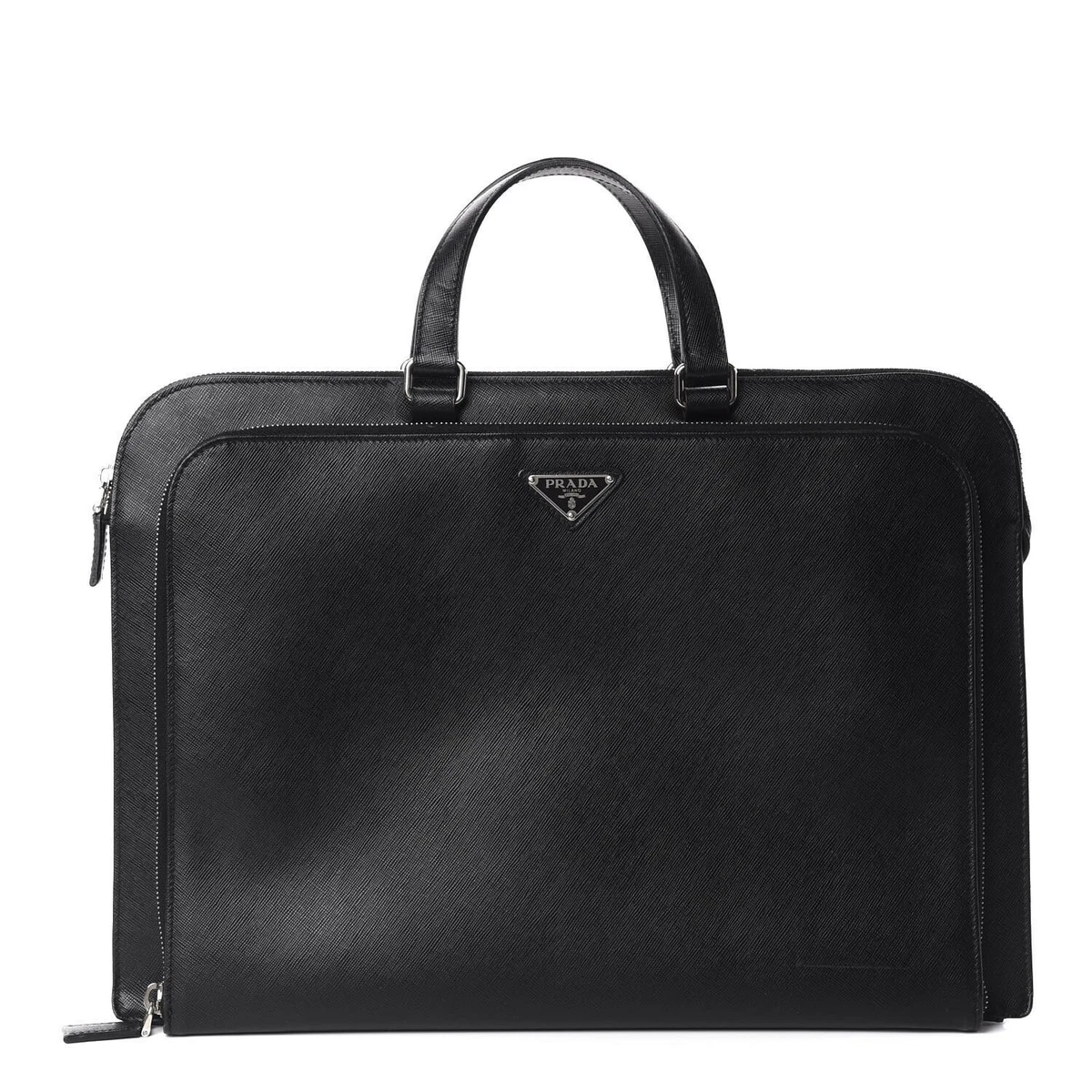 Prada Saffiano Cuir Front Zip Pocket Briefcase Work Bag Travel BLACK  Preowned