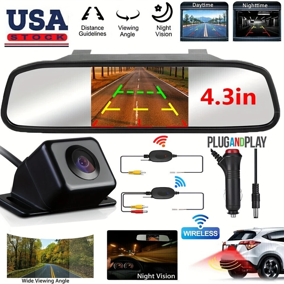 wireless 4.3' car rearview mirror monitor kit mini reversing camera car/vehicle - Image 4 of 4