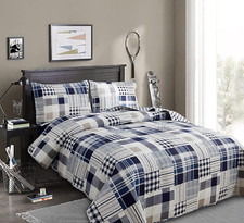 Patchwork Bedding Plaid Quilts Set Full/Queen Size, 3Pcs Navy Blue Buffalo Bedsp