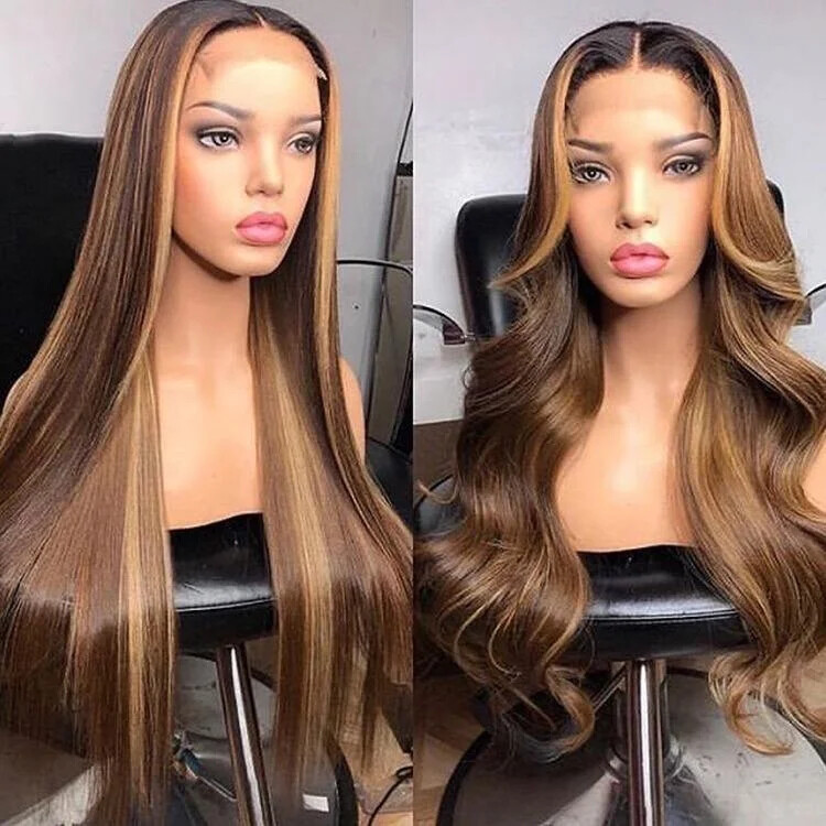 Highlight Honey Brown Straight Raw Human Hair Lace Front Wig  display picture 1