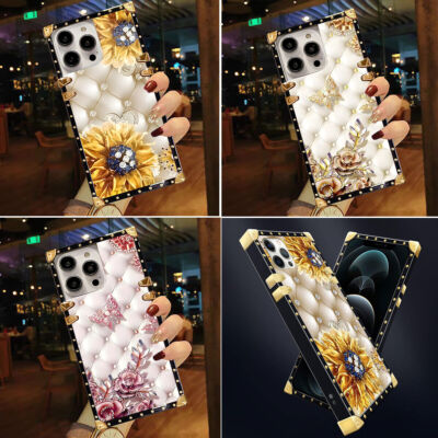 For iPhone 15 Pro Max 14 13 12 11 X Golden Plated Soft Flower Case Cover