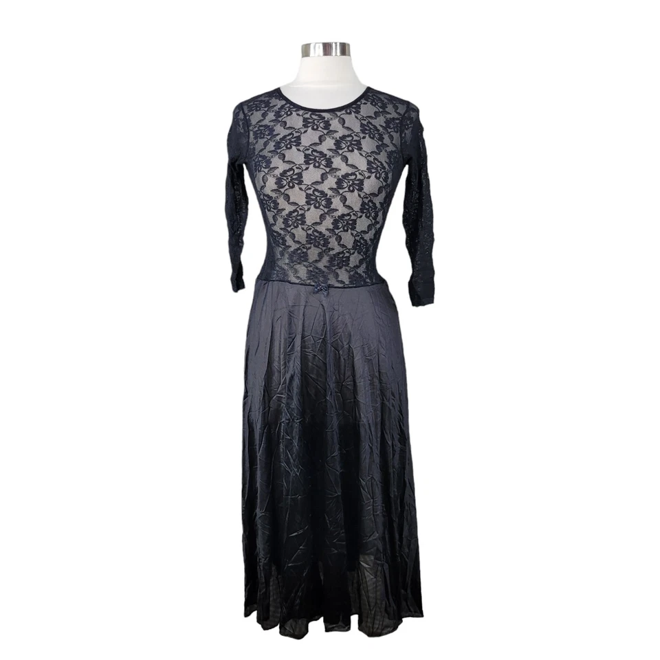 Винтажная сексуальная ночная рубашка размер XS белье платье атласный шелковистый черный кружева сетки длиной  - Изображение 2 из 4