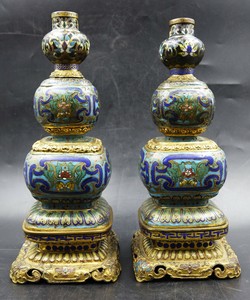 18th Century Chinese Cloisonne & Ormolu Bronze Double Gourd Candle Holder Vases
