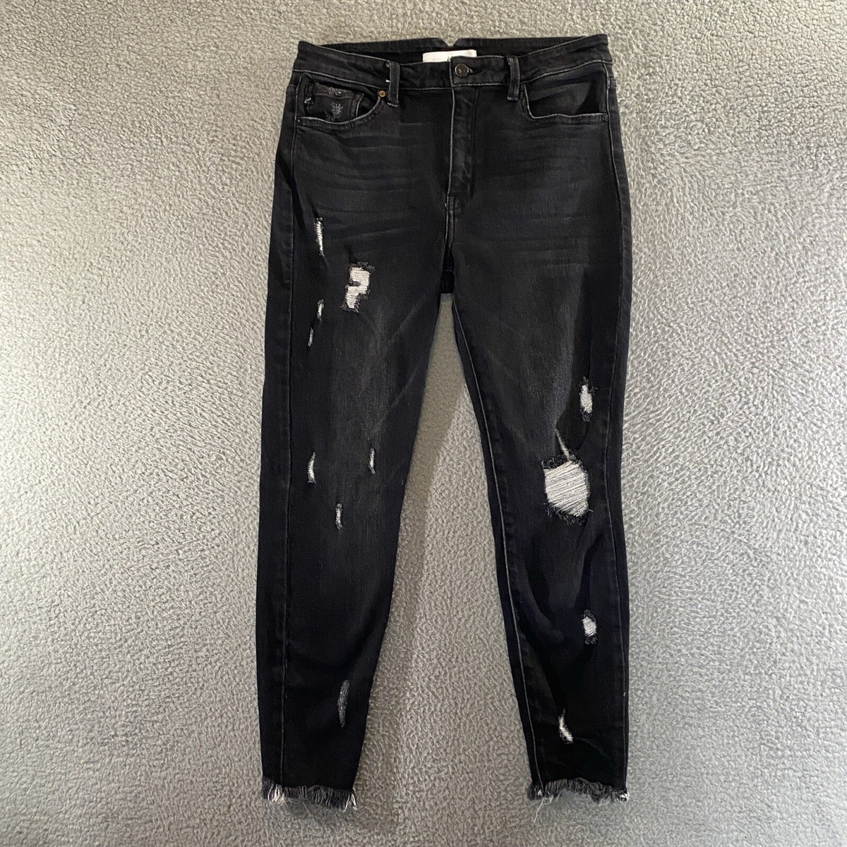 KanCan Jeans Womens 30 Black Skinny Mid Rise Raw Hem Stretch Distressed  Denim