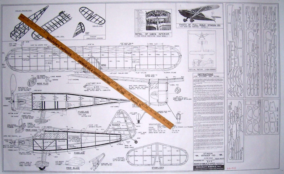 Berkeley STINSON VOYAGER PLAN + PARTS PATTERNS 34" FF / RC Scale Model Airplane - Image 3 of 4