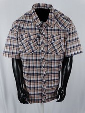 Men Plaid Western Pockets Short Sleeve Shirt Blue Salmon Snap Up 3X, 4X