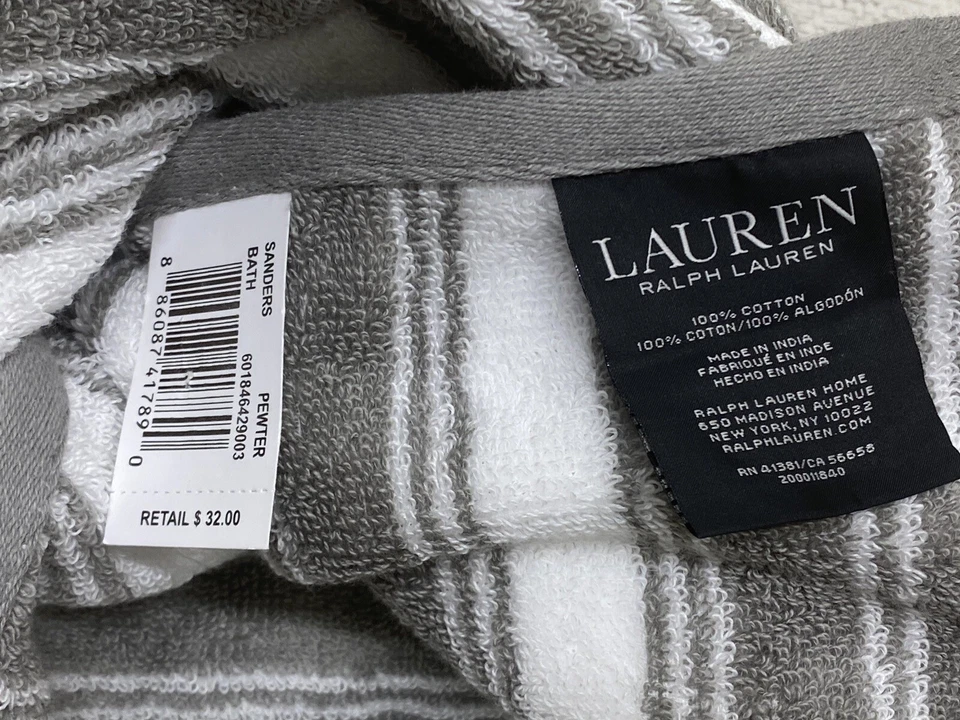 Ralph Lauren Sanders Striped Pewter / White Bath Towel New - Image 4 of 4