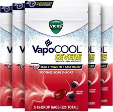 NEW Vicks VapoCOOL SEVERE Sore Throat Drops, Cherry Freeze, 225 Ct (5 x 45 Ct)