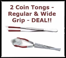 2 Coin Tongs Lot Set Lighthouse Plastic Coated Safe Handling Wide Grip & Regular