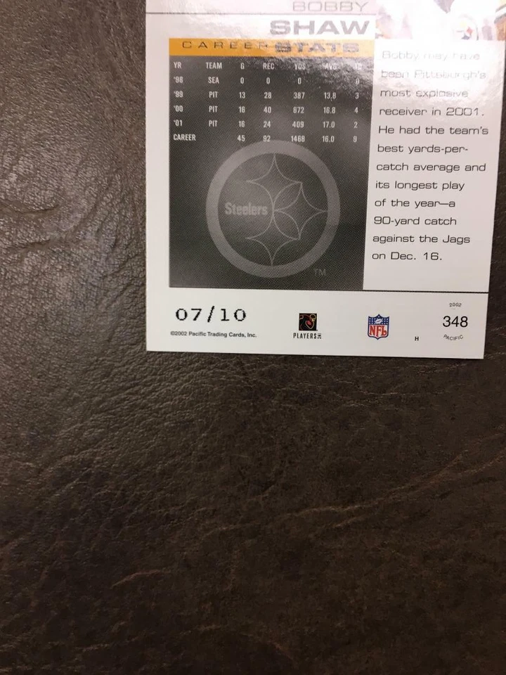 2002 Pacific Bobby Shaw Pacific Nights special edition card Steelers # 7 / 10 - Image 2 of 2