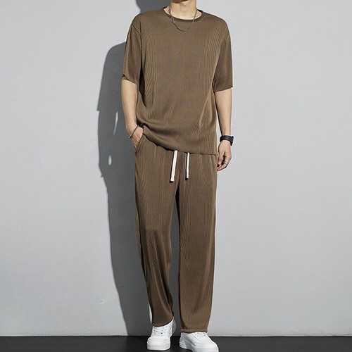 Ice Silk Short-sleeved T-shirts Trousers Suit Men's Summer Loose Two Piece Suit - Picture 2 of 20