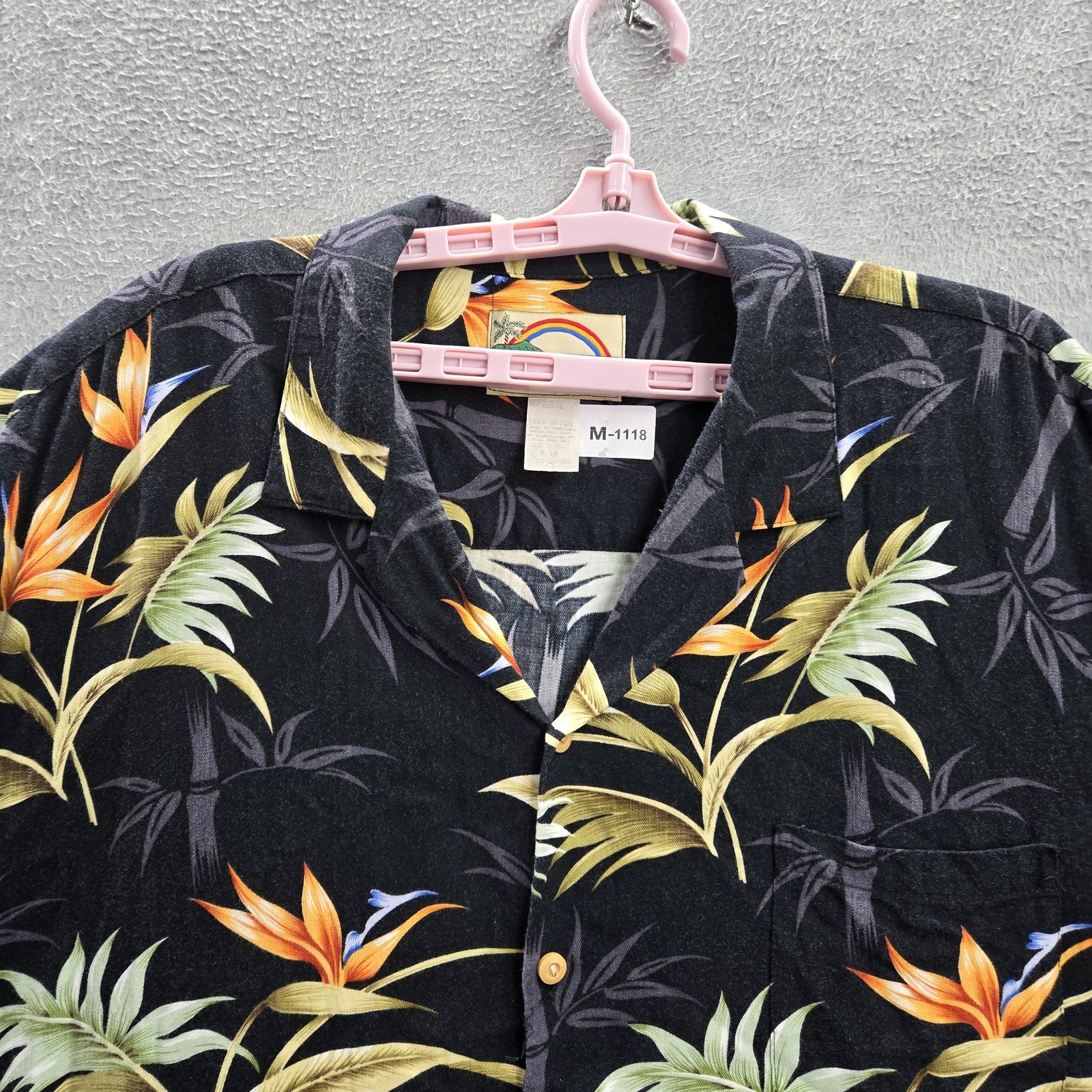 VINTAGE Paradise Found Men Button Up Shirt 2XL Black Hawaiian Shirt Floral