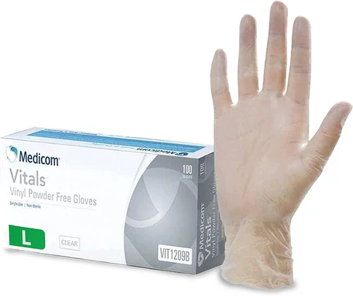 Vitals Vinyl Disposable Gloves - 100 Count - Large- Transparent Clear Gloves