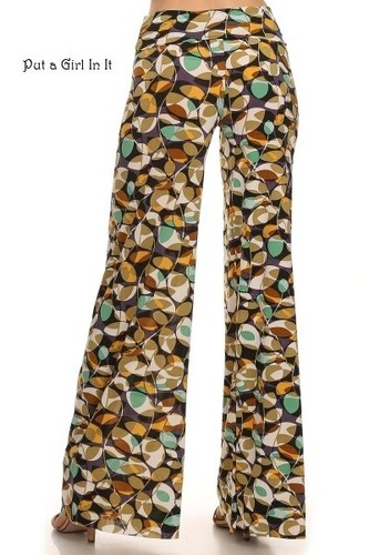 New Womens HIGH WAISTED FOLDOVER TAUPE TROPICAL BOHO SILKY PALAZZO PANTS S M L - Picture 4 of 6
