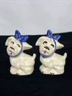 Vtg Shawnee Salt Pepper Shakers Muggsy Dog Toothache Ceramic ￼Blue Bow 5" 40’s