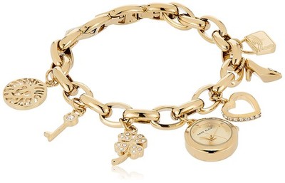 Anne Klein Womens Premium Crystal Accented Gold-Tone Charm Bracelet Watch,
