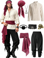 Men'S Pirate Costume Renaissance Outfit with Lace-Up Shirt, Pants and Sash Large