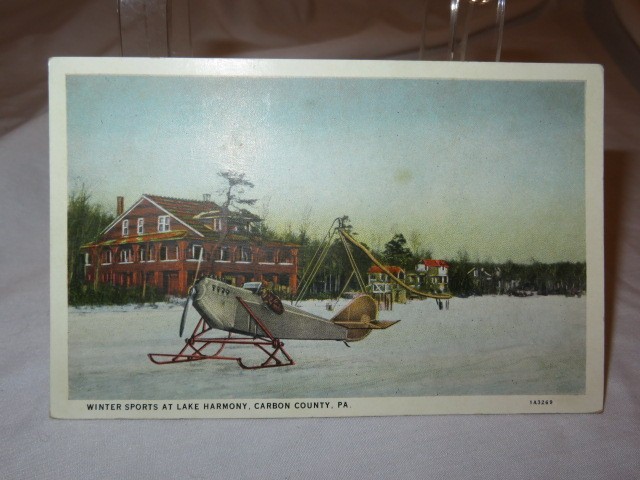 1900's Postcard Winter Sports Lake Harmony Carbon County Pa Prop Plane on Ice