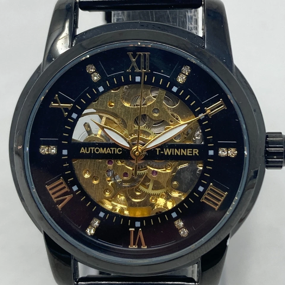 T-Winner Automatic Watch Men 41mm Black Gold Tone Skeleton Adjustable Mesh Band - Image 2 of 4