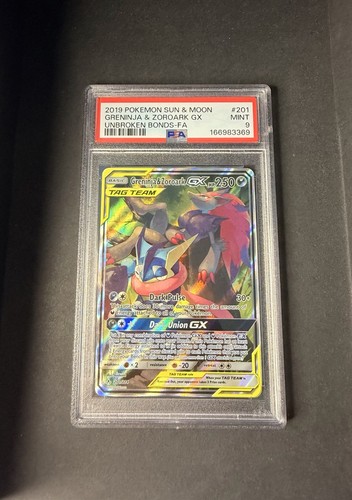 2019 POKEMON SUN & MOON UNBROKEN BONDS #201 ALT ARTGRENINJA & ZOROARK GX PSA 9