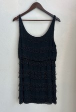 Alice + Olivia Mini Dress L Black Silk Beaded Fringe Flapper Designer Holiday