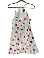 Forever 21 White and Red Lips Print Lace Up Back Ruffle Hem Mini Dress Size M