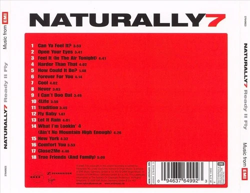 Red NATURALLY 7 READY II FLY CD cover with white text, song titles, and black barcode.