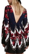 Free People Falling Tapestry Floral Rose Draped Bell Sleeve Plunge Peasant Dress