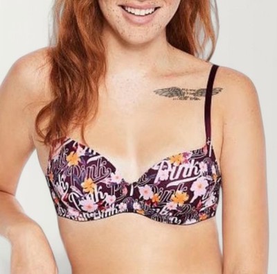 PINK by Victoria's Secret 32C Bra Underwire PUSH-UP Logo Print Burgundy Floral