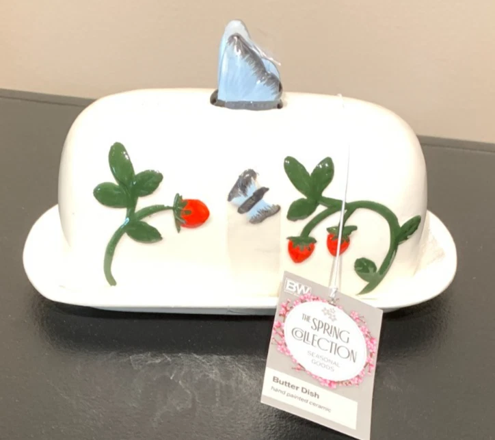NWT The Spring Collection Ceramic Handpainted Butter Dish Strawberry Buttterfly