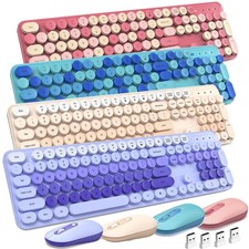 Wireless Keyboard Mouse Set Silent Full-Sized Colorful Typewriter Round Keycap