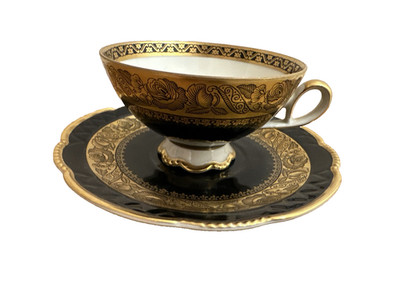 Mitterteich Bavaria Vintage Black Gold Tea Cup Saucer Hand Painted Numbered
