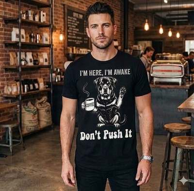I'm Here I'm Awake Don't Push It Dog T-Shirt | Coffee Rottweiler Graphic