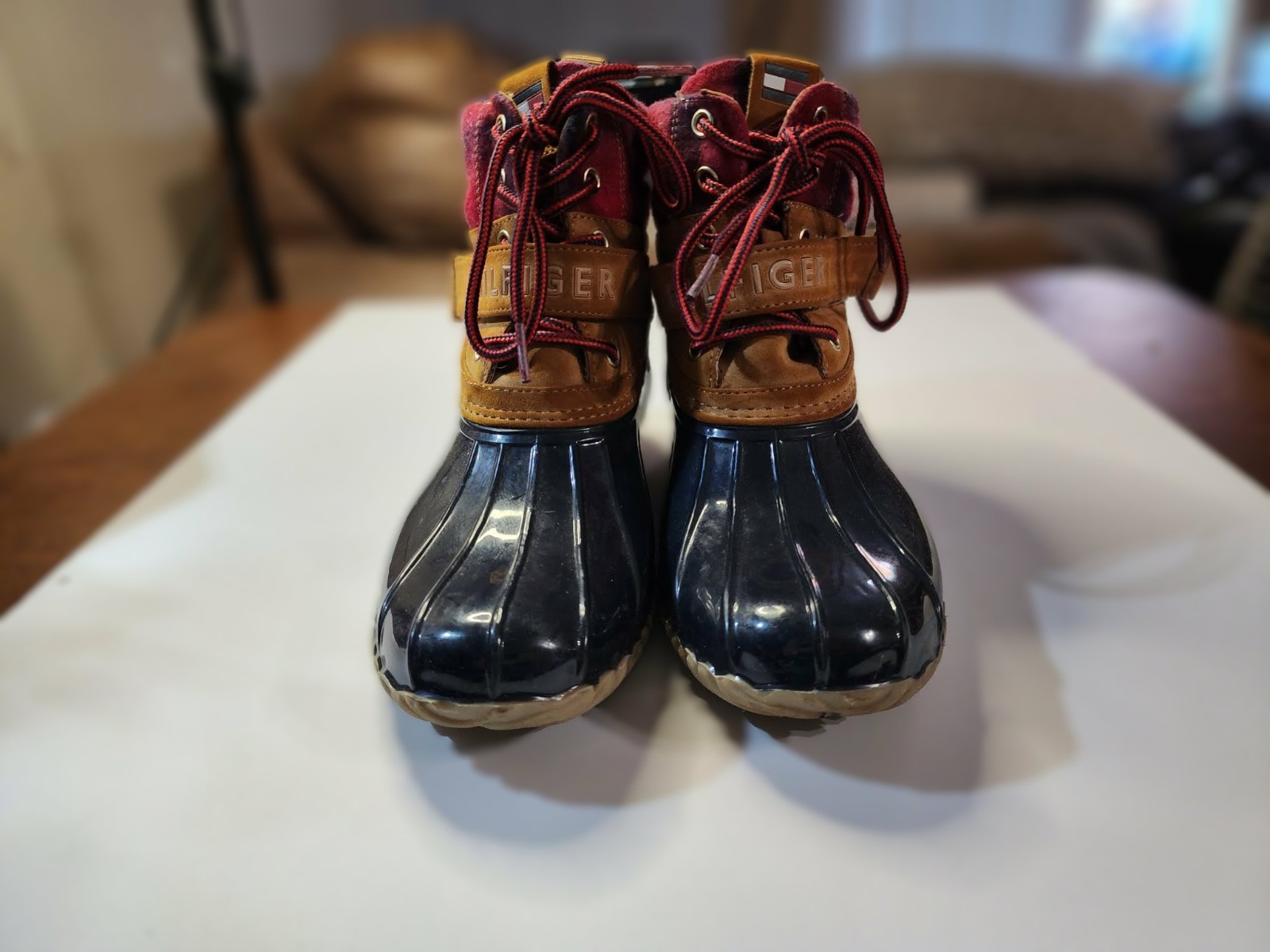 Women's Tommy Hilfiger Leather & Rubber Boots Rain Duck Lined Mid Calf Blue S8m thumbnail 2