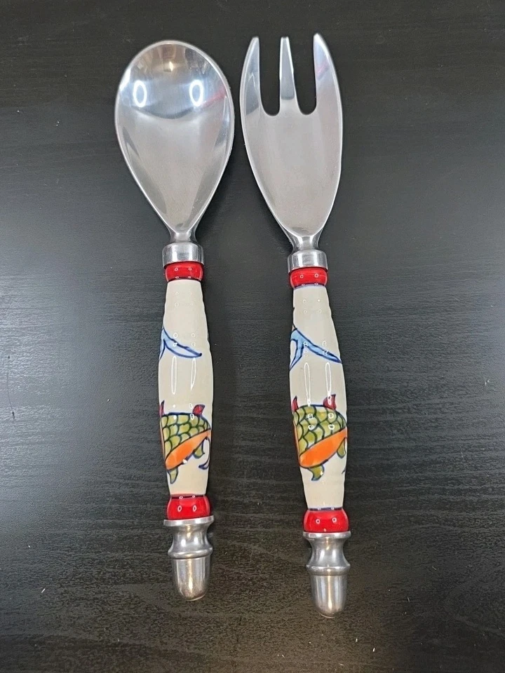 Ceramic & Metal Salad Spoon & Fork Cutlery Serving Hand Painted Fish Design 2 Pc - Image 2 of 4