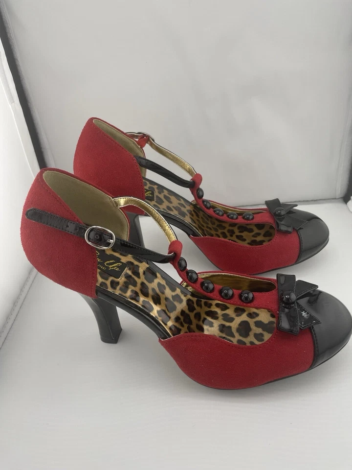 Pin Up couture размер 10 высоких каблуках T-ремень Smitten красный веганский замшевые банты запонки - Изображение 4 из 4