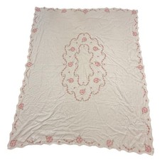 Vintage Embroidered Table Cloth Dining White Floral Scalloped Farmhouse 84x68