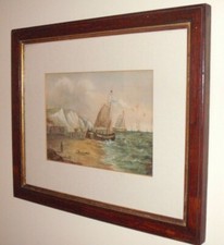 Victorian Naive Folk Art Framed Water Colour Painting Landscape of Dover Marine