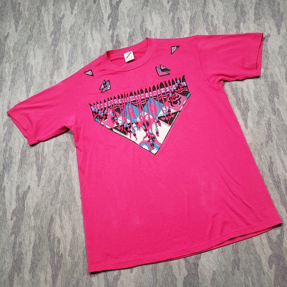 Top vintage Jerzees para mujer grande rosa estampado azteca del suroeste flecos con cuentas Foto 3 de 4