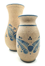 Two (2) Sandstone Pottery Vases Tan w/Brown Speckles Blue Slipware Tonala Flower