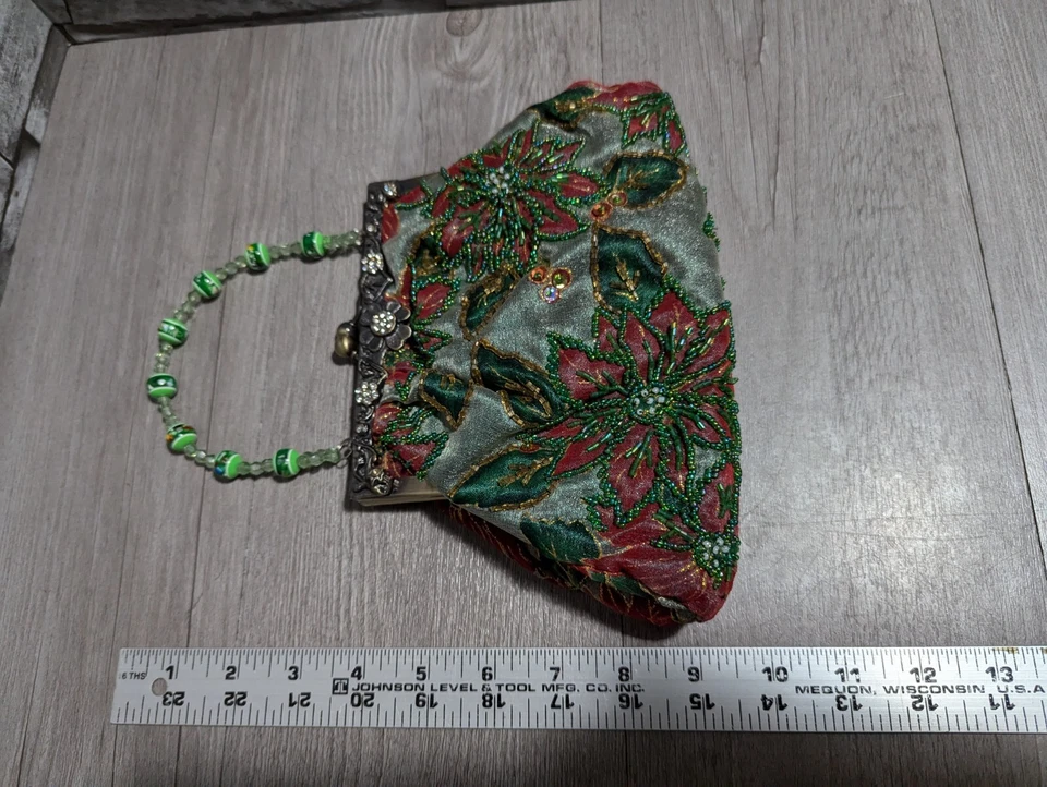 De Colección Retro Verde Rojo Navidad Flor de Pascua Con Cuentas Bolso sin asas Cartera Bolso de mano Foto 2 de 4