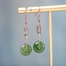 I03 Orecchini Telaio Con Foglie Rotondi Verde Giada Placcato IN Oro Rosso Silver