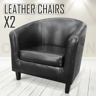 2x Modern Black Faux Leather Lounge Arm Tub Chair Sofa Seat Home