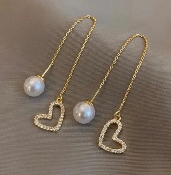 Heart Shaped Simulated Pearl & Moissanite 10K Yellow Gold Drop-Dangle Earrings - Image 2 of 4