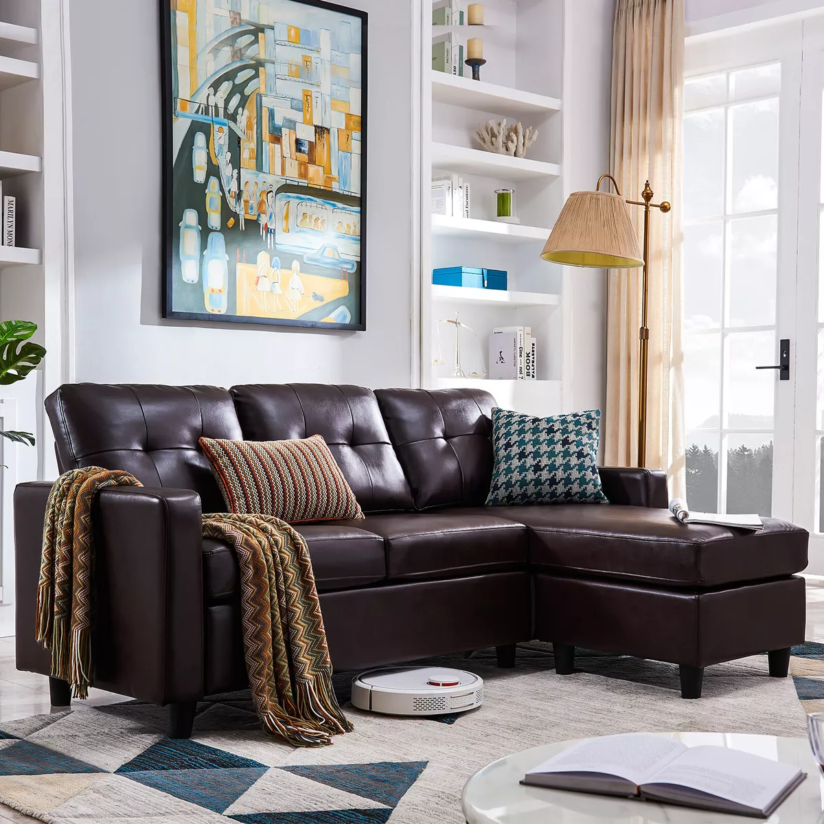 Brown leather couch chaise deals