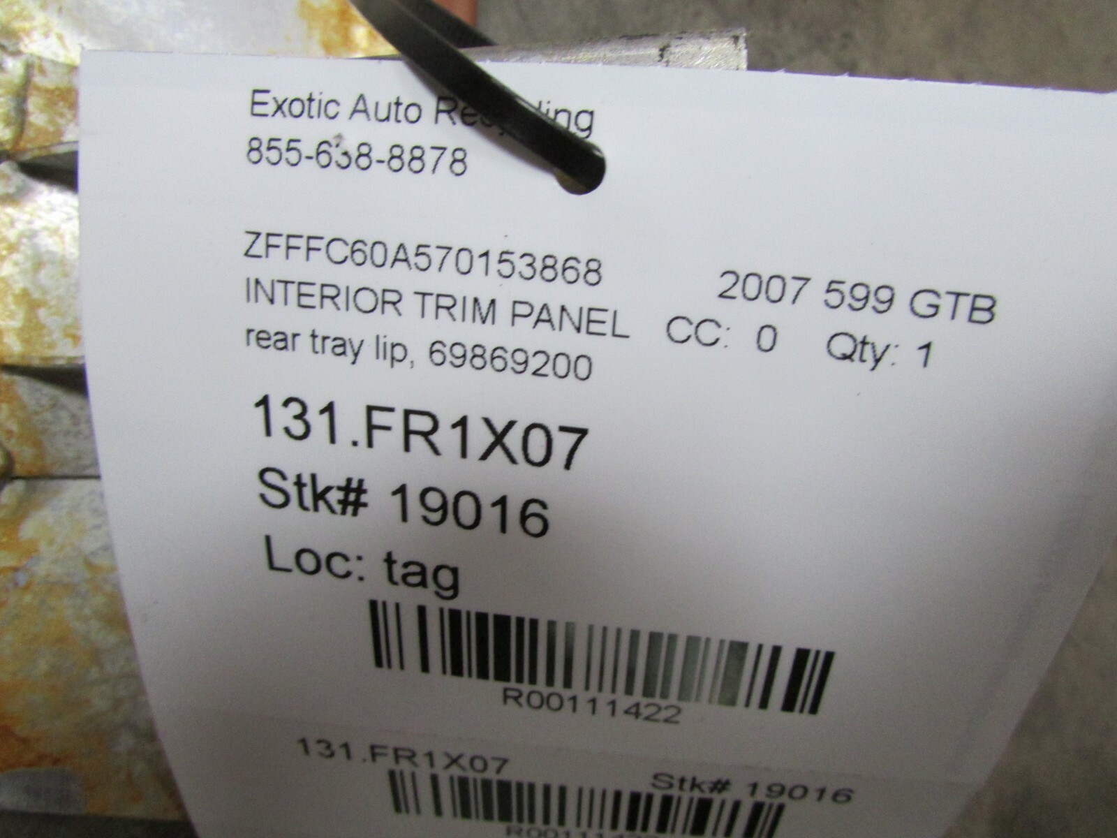 Ferrari 599 GTB, Rear Luggage Tray Edge Trim, Cuoio, Used, P/N 69869200