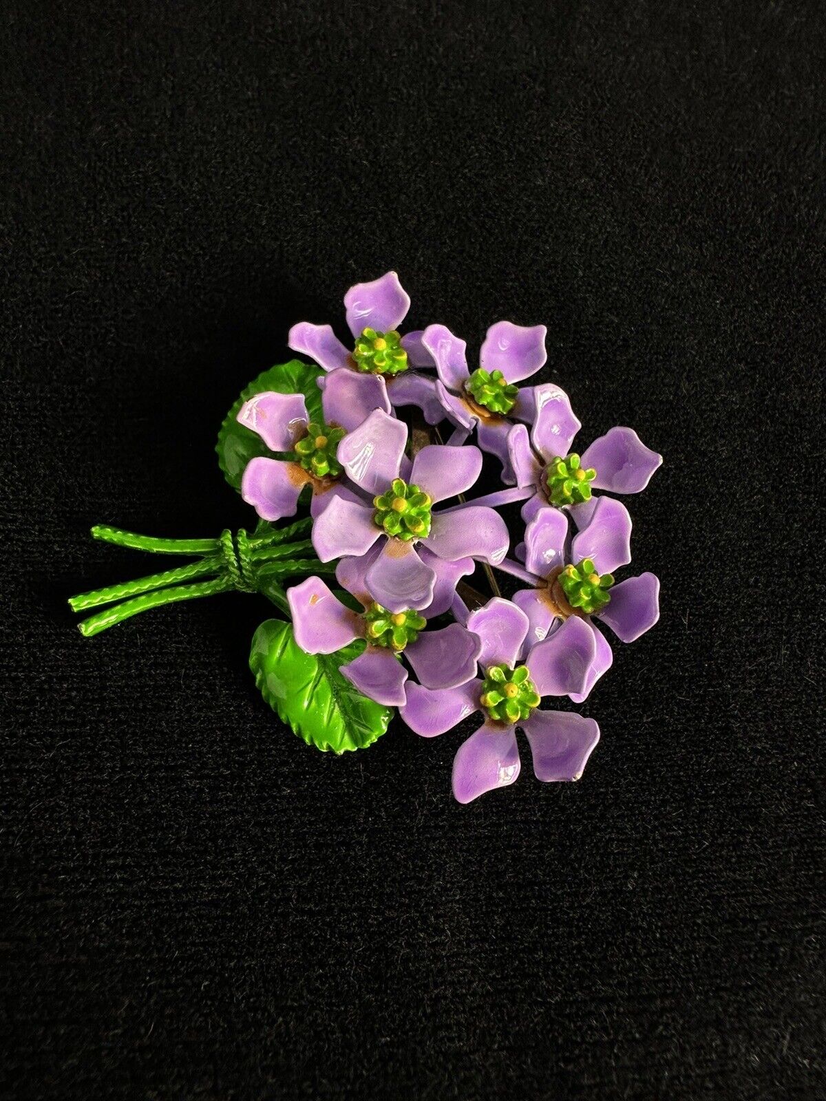 Vintage Purple Green Enamel Violet Flower Cluster… - image 2